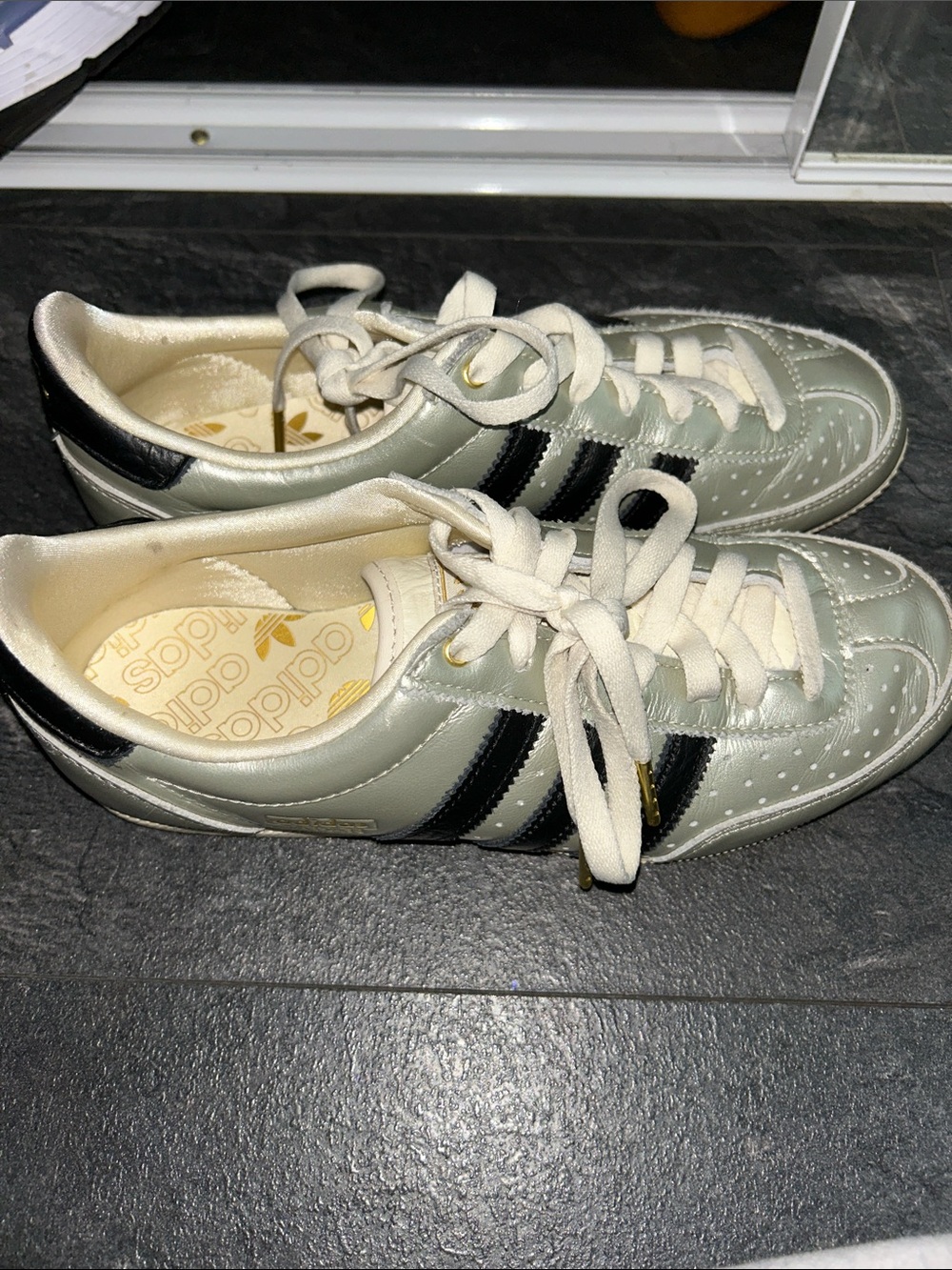 adidas Silver Leather Sneakers with Black Stripes and Cream Accents